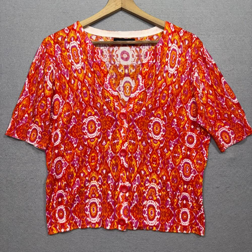 Jones New York‎ Print Cardigan L Short Sleeve Red Pink Orange Bold Statement